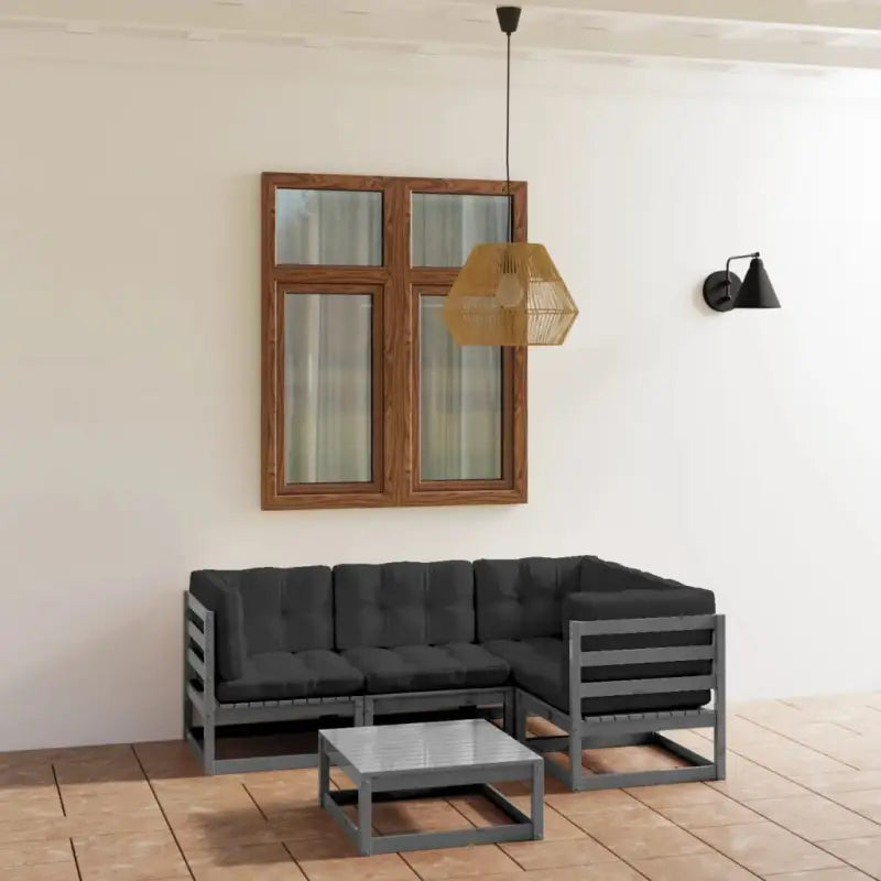 Loungebankset van massief grenenhout met rug- en zijkussen - Grijs / Ja - Tuinsets