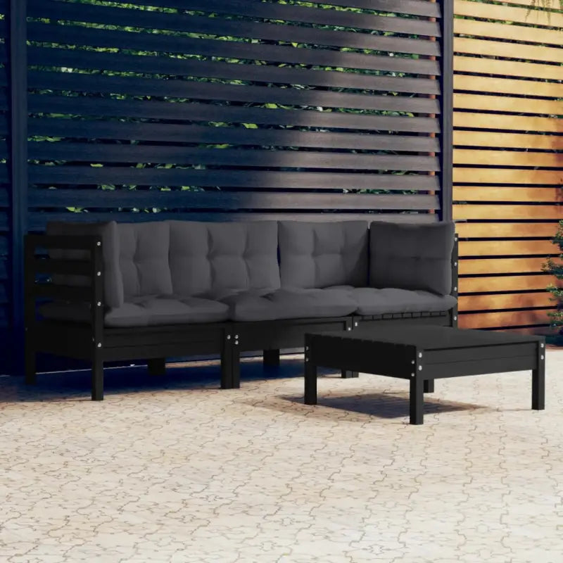 Loungebuitenbank met voetenbank en rugzijkussens van massief grenenhout - Zwart - Tuinsets