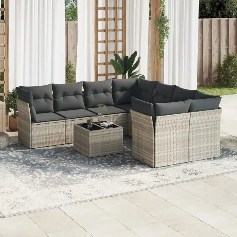 Loungeset in beige materiaal en gepoedercoat staal met perfecte afmetingen - Lichtgrijs / 4x midden + Tafel + 4x hoek