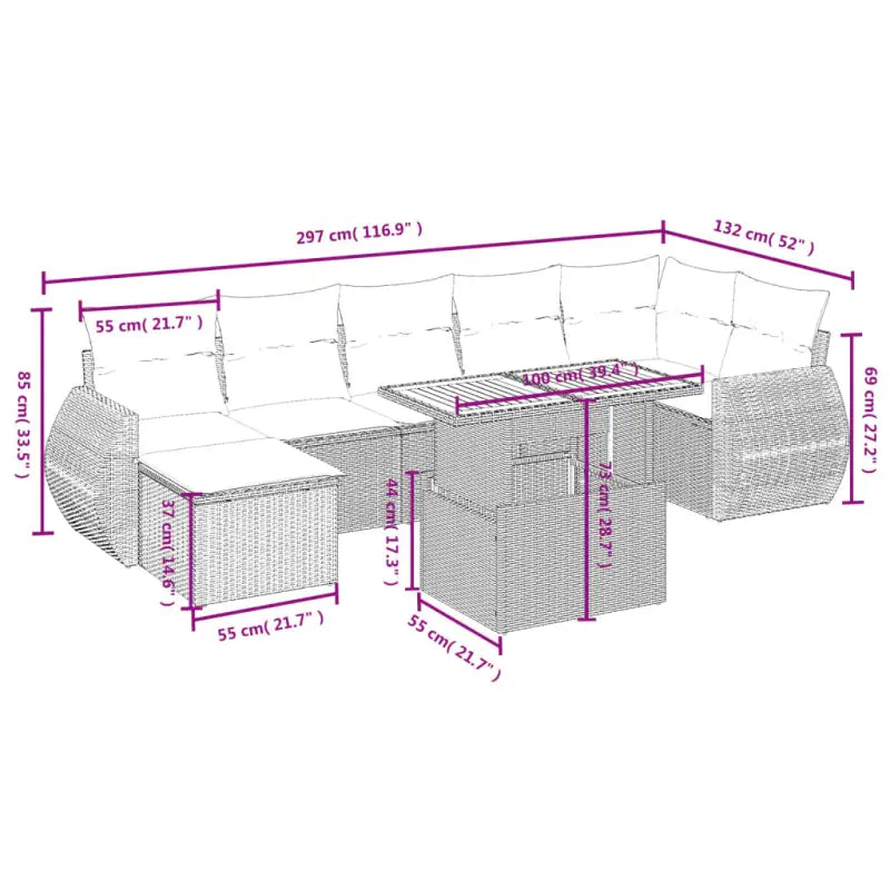 Loungeset in grijs materiaal met gepoedercoat staal afmetingen - Tuinsets