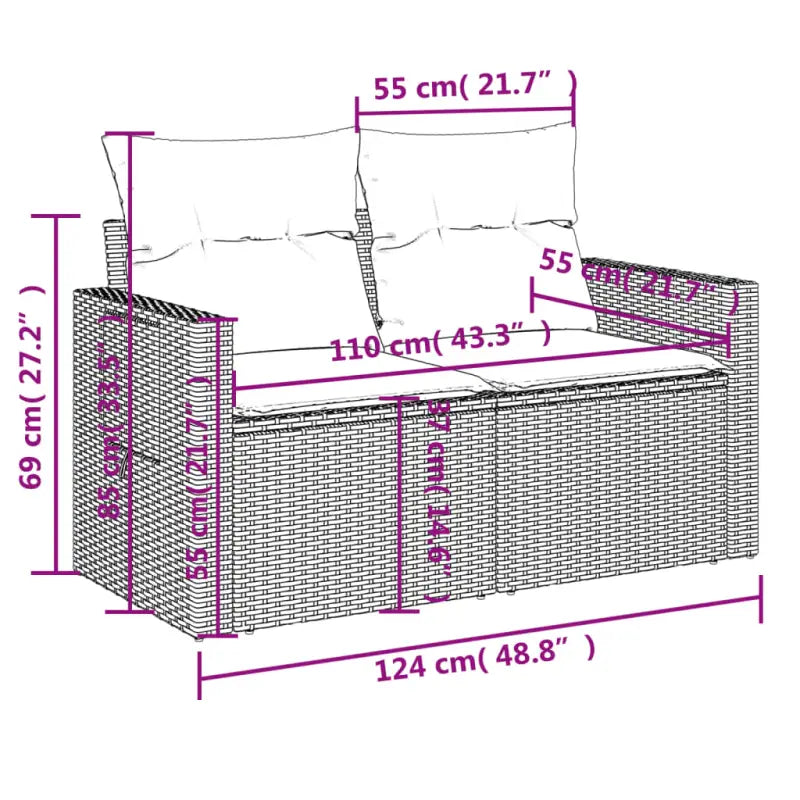Loungeset in grijs materiaal met gepoedercoat staal en afmetingen - Zwart en crème / Zonder tafel - Tuinsets