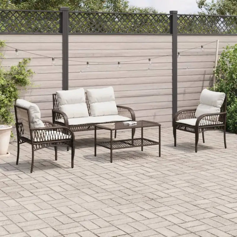 Loungeset in grijs materiaal met gepoedercoat staal en afmetingen - Bruin en crème - Tuinsets
