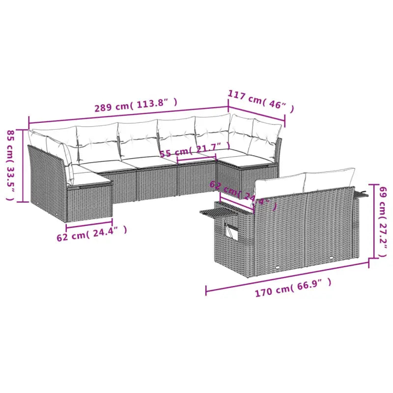 Loungeset in grijs materiaal met gepoedercoat staal en afmetingen - Tuinsets