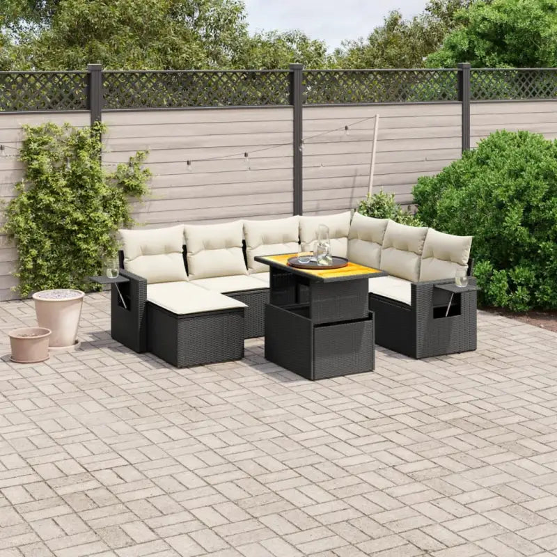 Loungeset in zwart materiaal met gepoedercoat staal en ruime afmetingen - Zwart en crème / 3x hoek + 3x midden