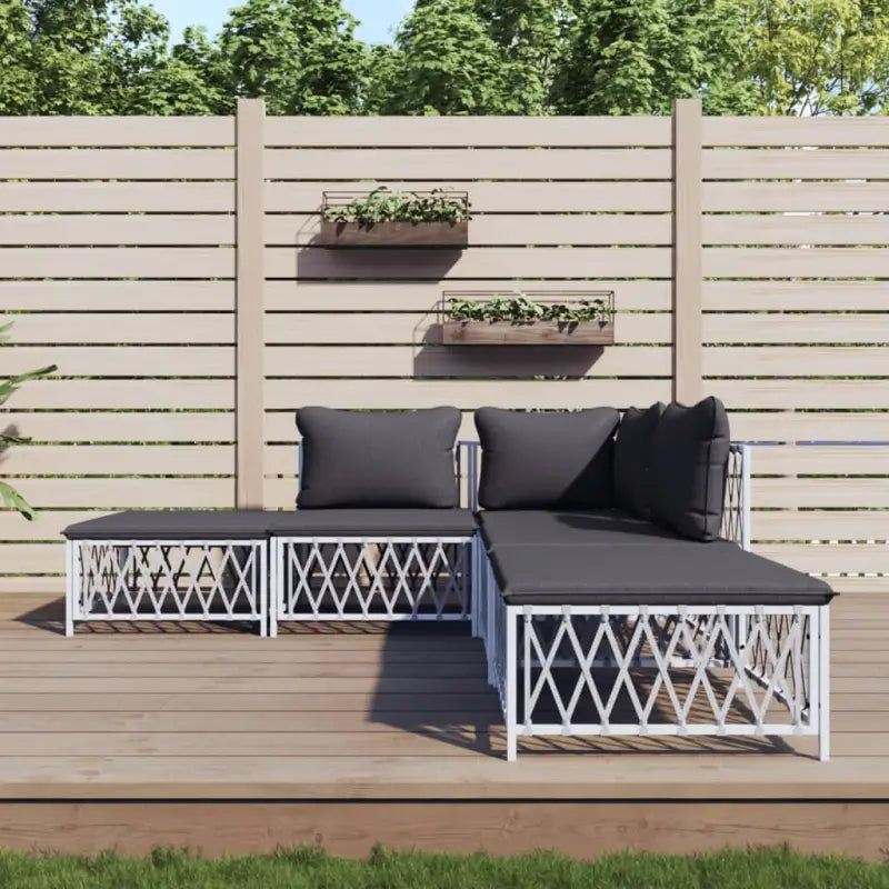 Loungeset met geweven stof en antraciet materiaal voor buitenruimte - Wit / hoek + 2x midden + 2x voetensteun - Tuinsets