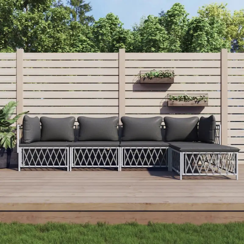 Loungeset met geweven stof en antraciet materiaal voor buitenruimte - Wit / hoek + 3x midden + voetensteun - Tuinsets