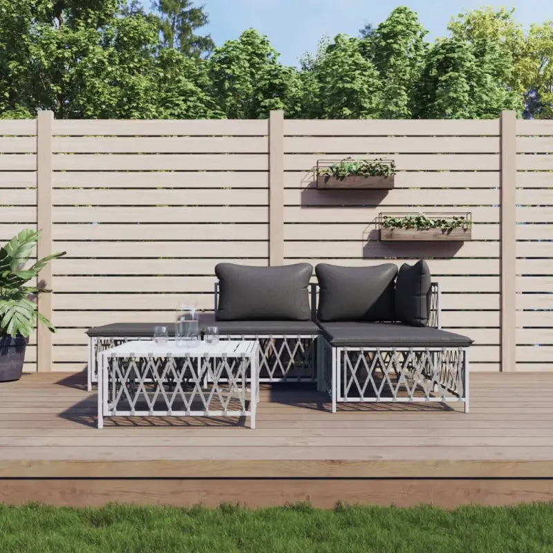 Loungeset met geweven stof en antraciet materiaal voor buitenruimte - Wit / hoek + midden + 2x voetensteun + Tafel