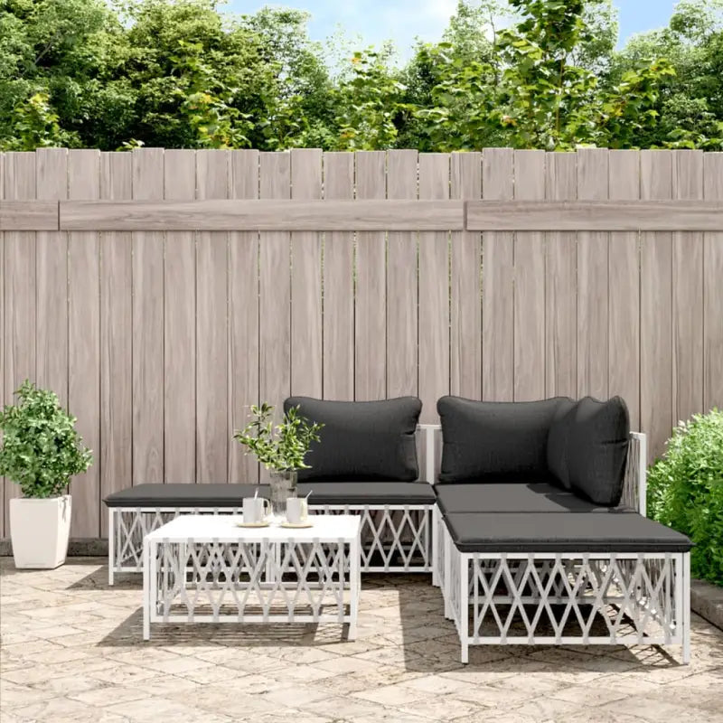 Loungeset met geweven stof en antraciet materiaal voor buitenruimte - Wit / hoek + 2x midden + 2x voetensteun + Tafel