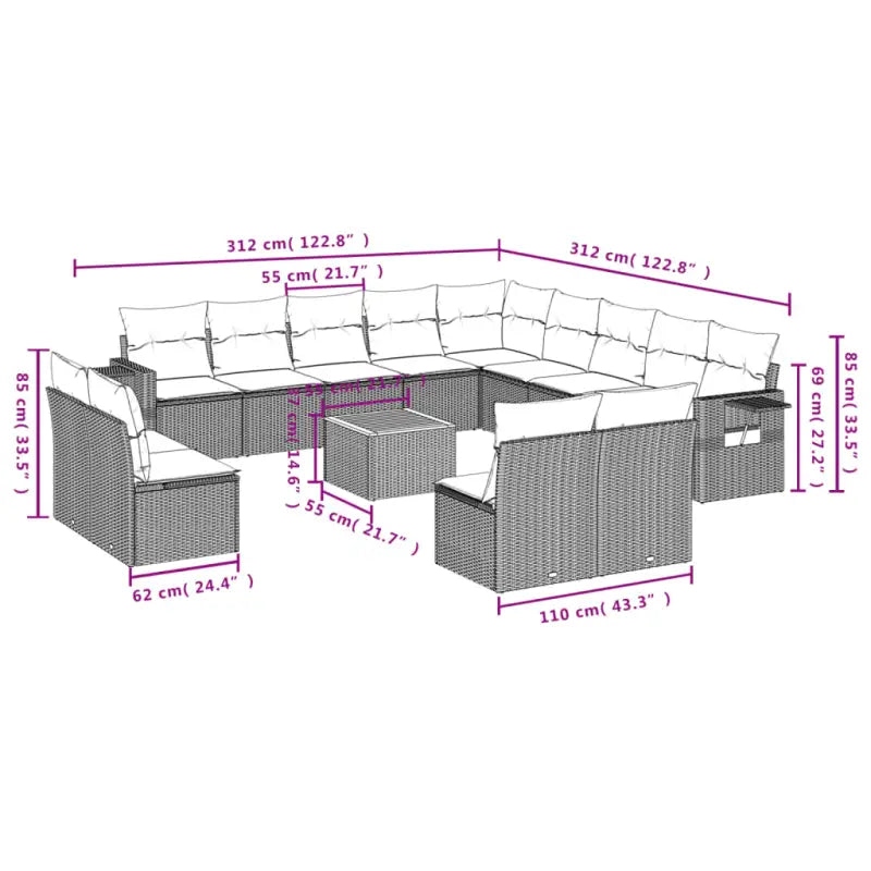 Loungeset van grijs materiaal met gepoedercoat staal afmetingen - Tuinsets