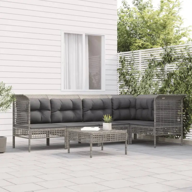 Loungeset van grijs materiaal met gepoedercoat staal en afmetingen - 3x hoek + 2x midden + voetensteun - Tuinsets