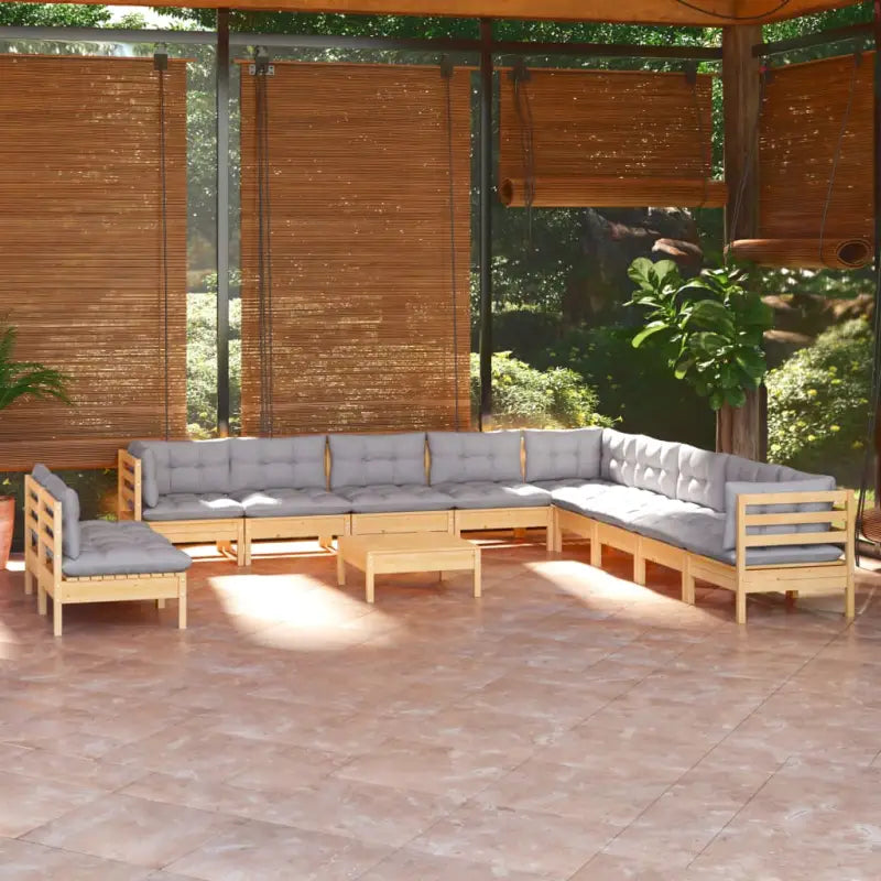 Loungeset van massief grenenhout met voetenbank en tafel - Bruin en grijs - Tuinsets