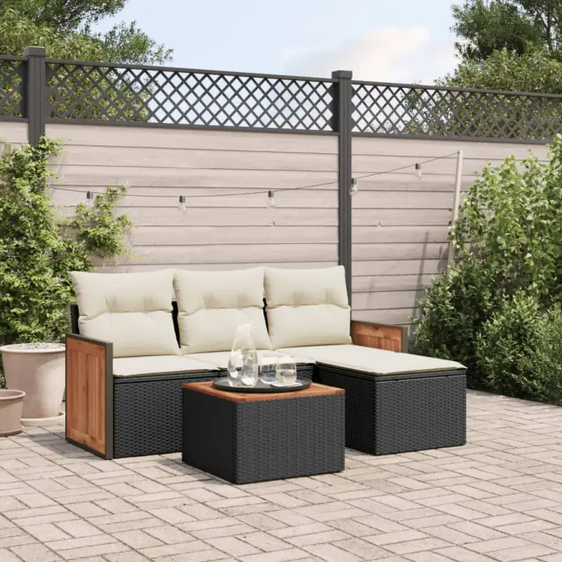 Loungeset van zwart materiaal en gepoedercoat staal voor buiten plezier - Zwart en crème / Met tafel - Tuinsets