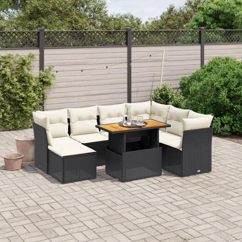 Loungeset van zwart materiaal en gepoedercoat staal voor buiten - Zwart en crème / 3x hoek + 3x midden + voetensteun