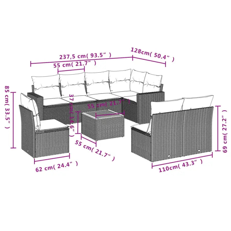 Loungeset van zwart materiaal met gepoedercoat staal en afmetingen - Tuinsets
