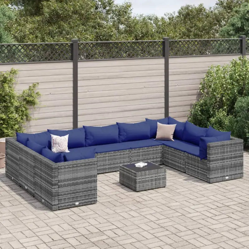 Loungeset voor tuin met grijs materiaal en gepoedercoat staal - Grijs en blauw / 4x hoek + 5x midden + Tafel - Tuinsets