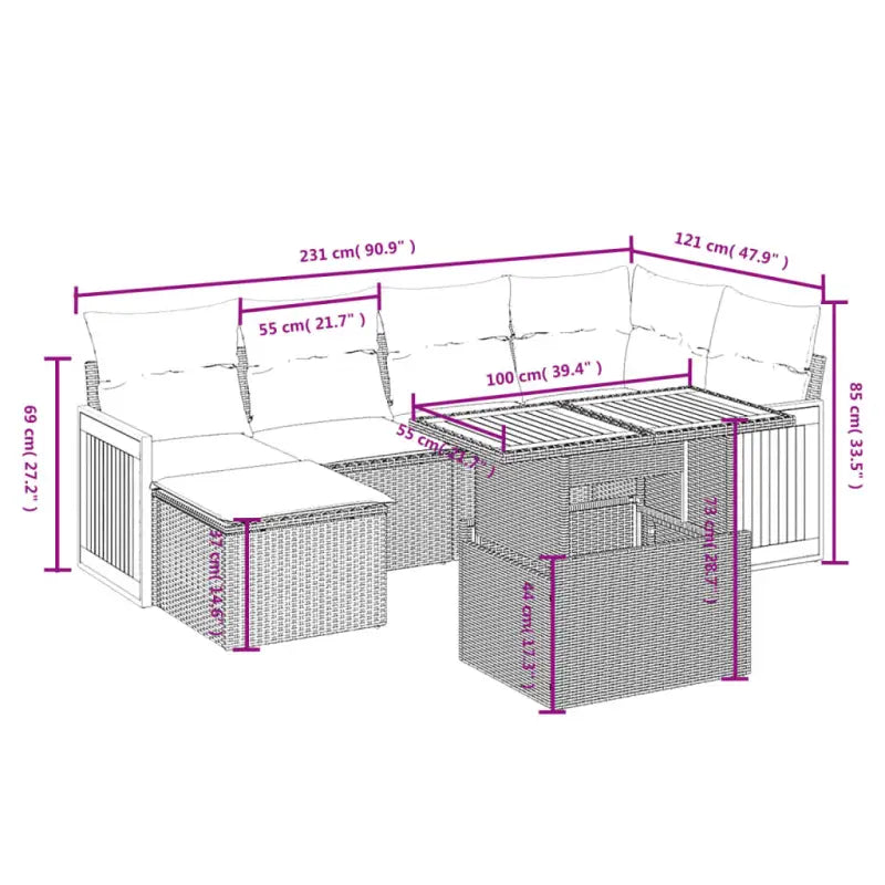 Loungeset voor tuin of terras in grijs materiaal met gepoedercoat staal - Tuinsets