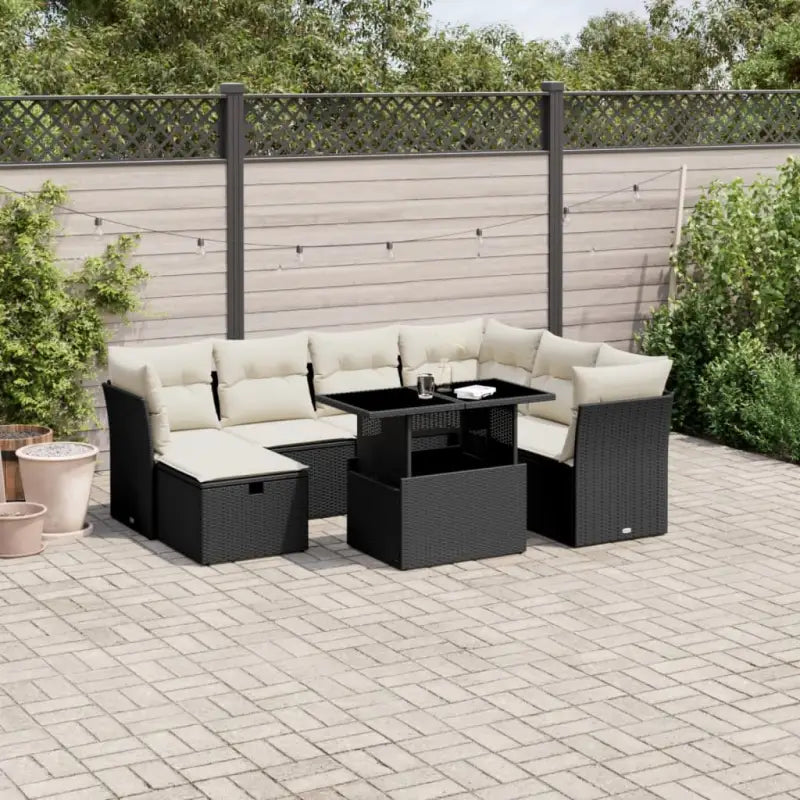 Loungeset voor tuin terras met zwart materiaal en gepoedercoat staal - Zwart en crème / Met tafel - Tuinsets
