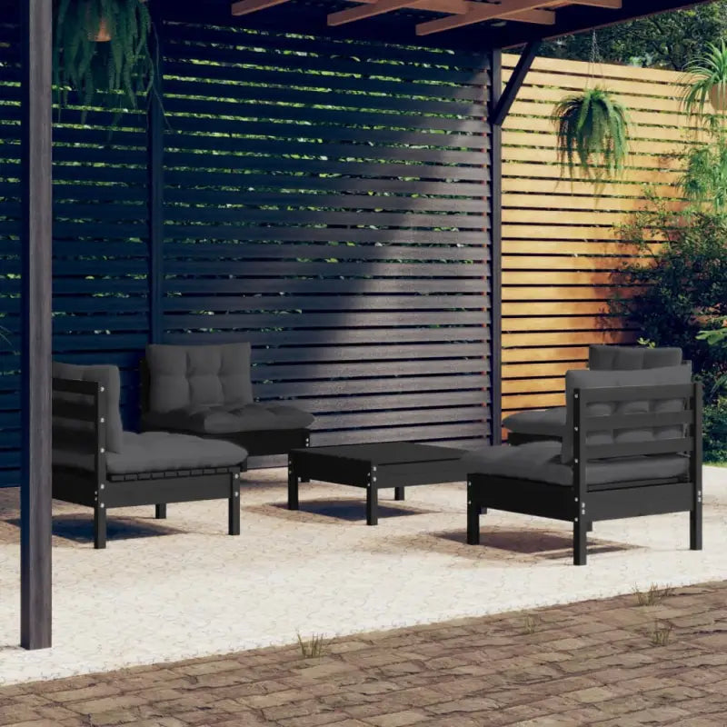 Loungetafel en banken van massief grenenhout met voetenbank - Zwart - Tuinsets