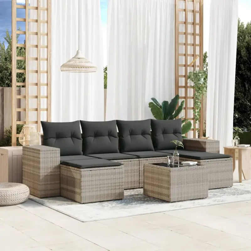 Loungetuigset van beige materiaal en gepoedercoat staal met perfecte afmetingen - Lichtgrijs en donkergrijs / Met tafel