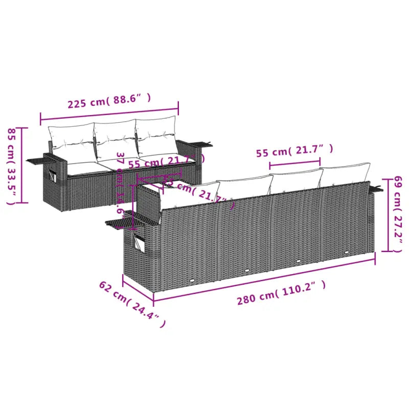 Loungetuinset in grijs materiaal met gepoedercoat staal en afmetingen - Tuinsets