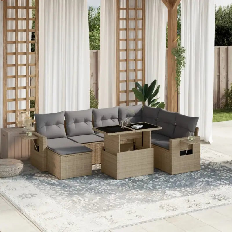 Loungetuinset met beige materiaal en gepoedercoat staal afmetingen - Beige en grijs / Met tafel - Tuinsets