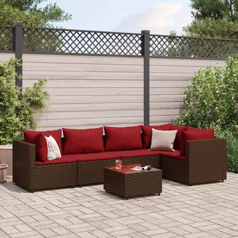 Loungetuinset met bruin materiaal en gepoedercoat staal voor buitengevoel - Bruin en rood / 2x hoek + 2x midden + Tafel