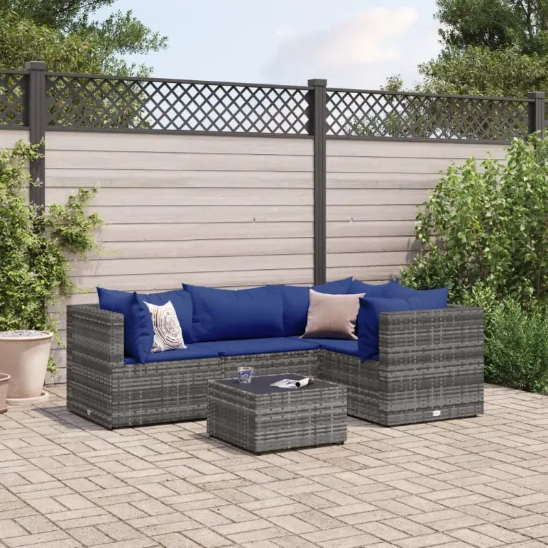 Loungetuinset met bruin materiaal en gepoedercoat staal voor buitengevoel - Grijs en blauw / 3x hoek + midden + Tafel