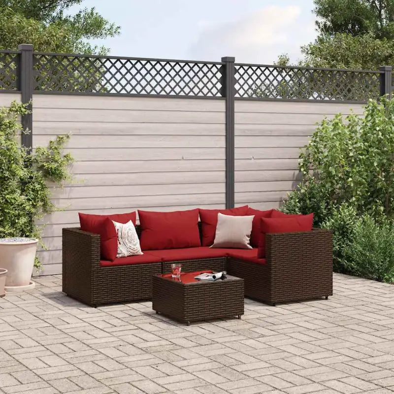 Loungetuinset met bruin materiaal en gepoedercoat staal voor buitengevoel - Bruin en rood / 3x hoek + midden + Tafel