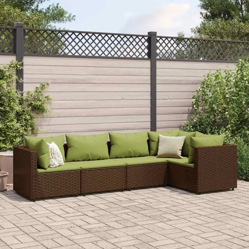 Loungetuinset met bruin materiaal en gepoedercoat staal voor buitengevoel - Bruin en groen / 3x hoek + 2x midden