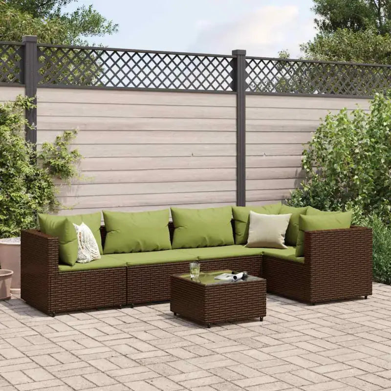 Loungetuinset met bruin materiaal en gepoedercoat staal voor buitengevoel - Bruin en groen / 2x hoek + 2x midden