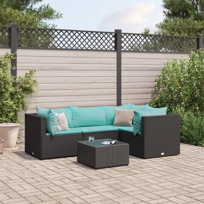 Loungetuinset met bruin materiaal en gepoedercoat staal voor buitengevoel - Zwart en blauw / 3x hoek + midden + Tafel