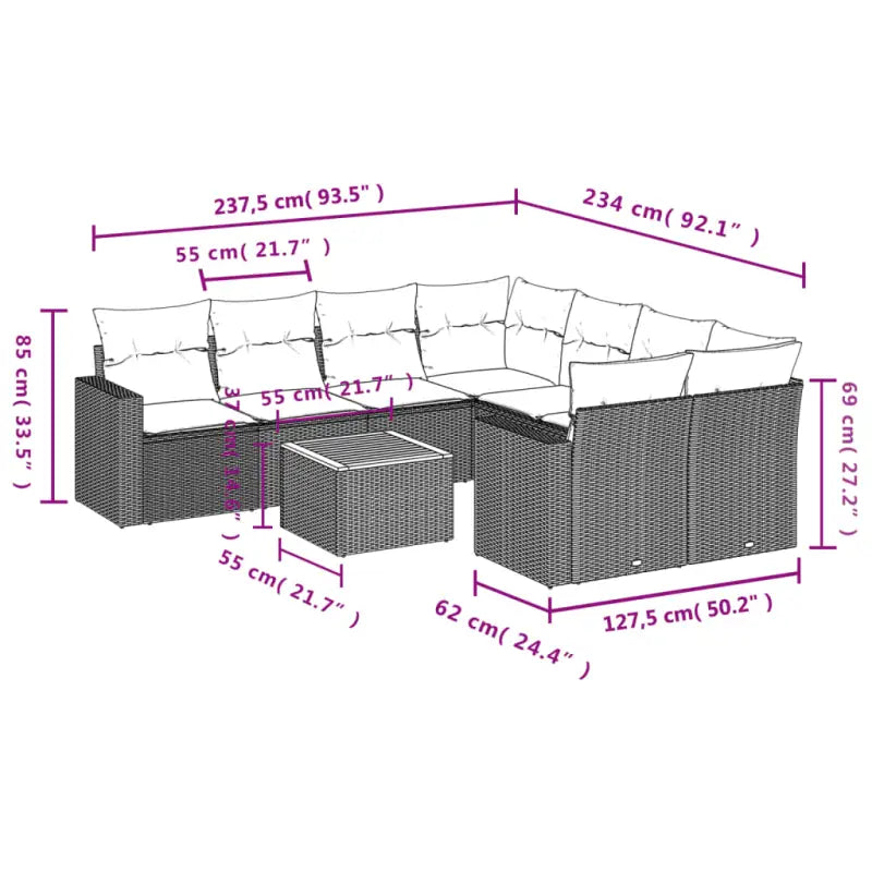 Loungetuinset van beige materiaal en gepoedercoat staal met afmetingen - Tuinsets