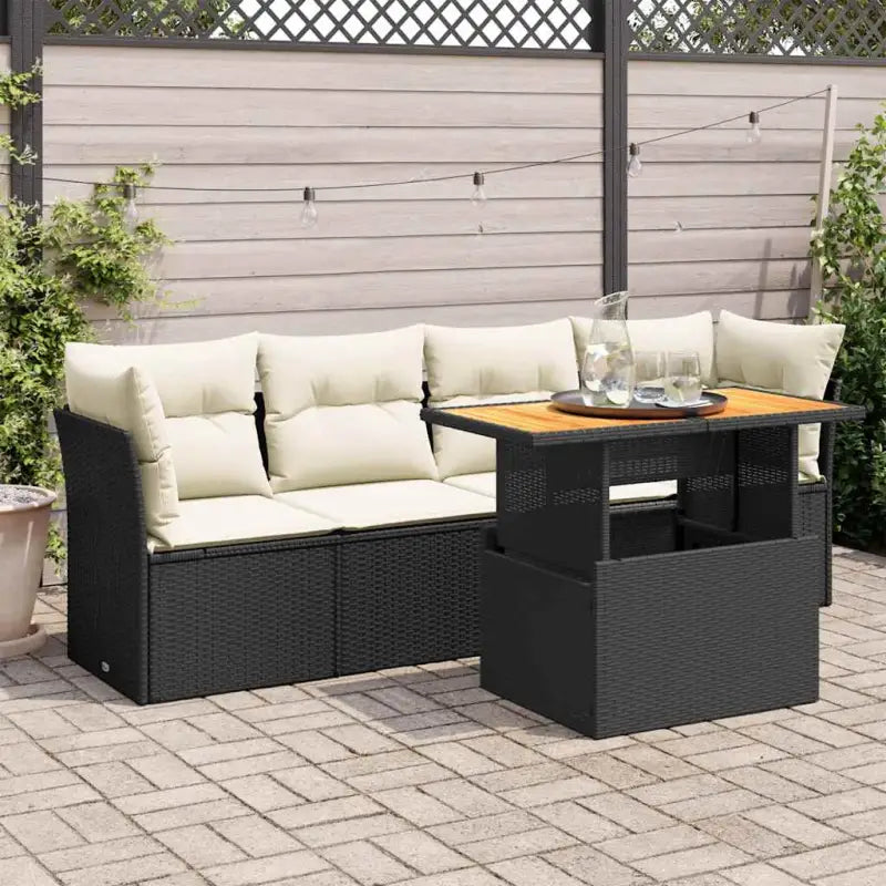 Loungetuinset van beige materiaal en gepoedercoat staal met afmetingen - Zwart en crème / met opbergruimte - Tuinsets
