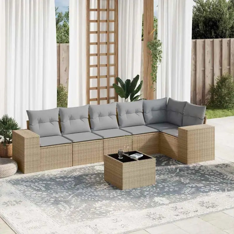 Loungetuinset van beige materiaal en gepoedercoat staal met afmetingen - Beige en grijs / Met tafel - Tuinsets