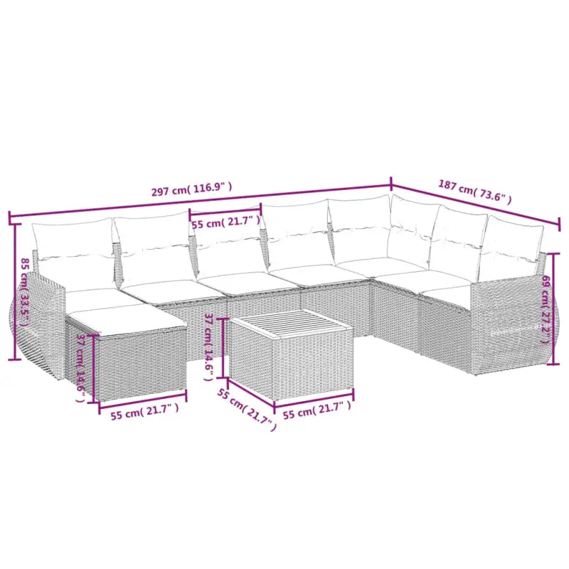 Loungetuinset van beige materiaal en gepoedercoat staal met afmetingen - Tuinsets