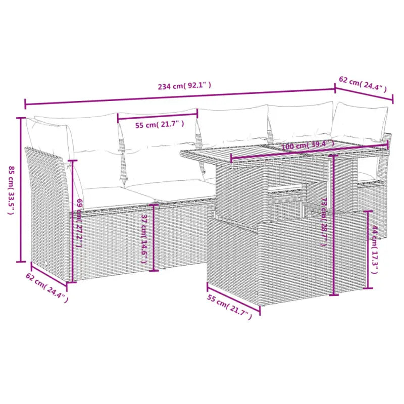 Loungetuinset van beige materiaal en gepoedercoat staal met afmetingen - Tuinsets