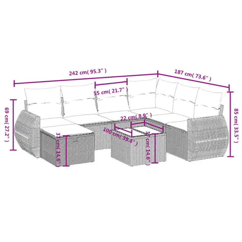 Loungetuinset van zwart materiaal en gepoedercoat staal met afmetingen - Tuinsets