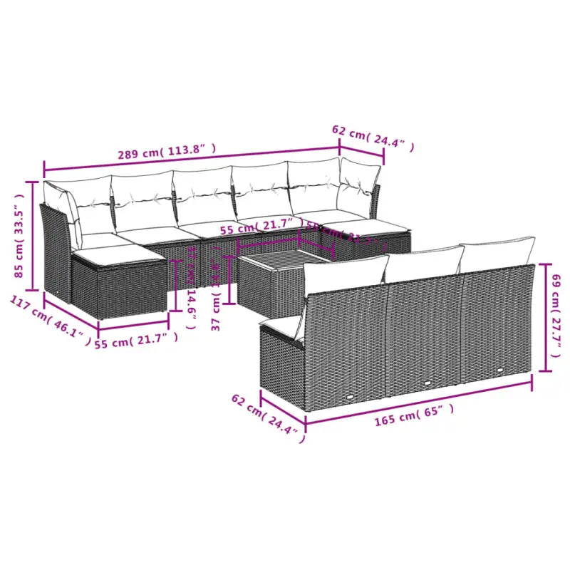 Loungetuinset van zwart materiaal met gepoedercoat staal en afmetingen - Tuinsets