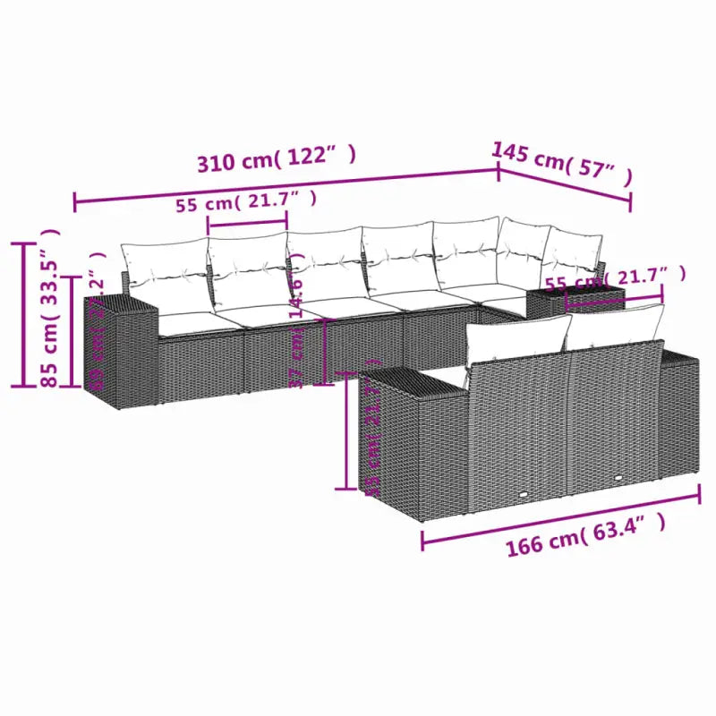 Loungetuinset van zwart materiaal met gepoedercoat staal afmetingen - Tuinsets