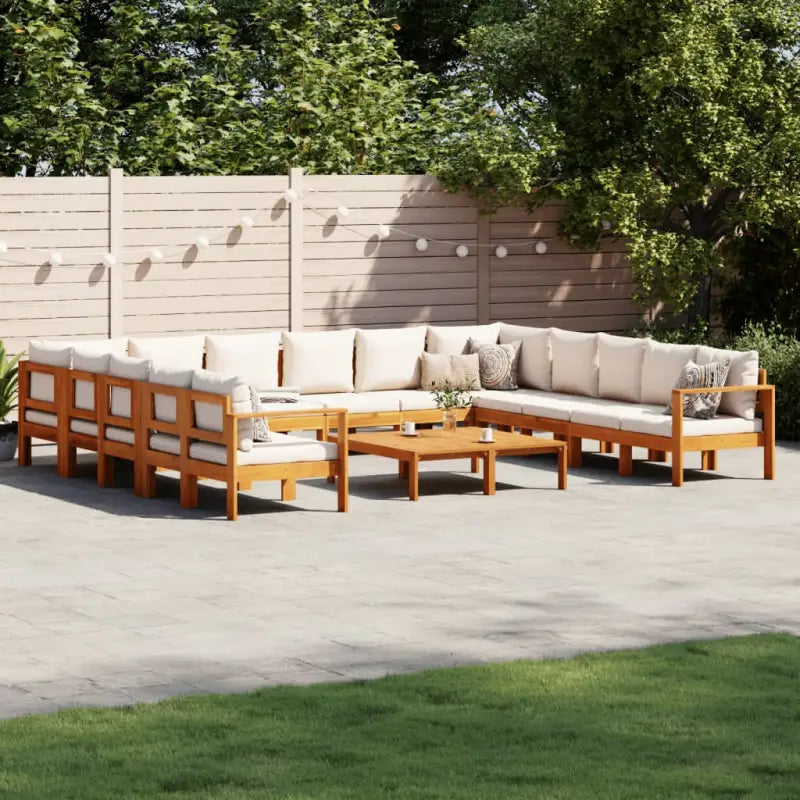 Loungetuinstel van massief acaciahout met wasbare hoes en olieafwerking - Crème / 2x hoek + 6x Bank + 2x Tafel