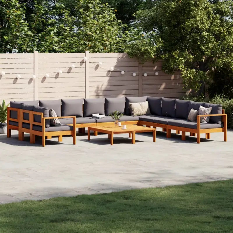 Loungetuinstel van massief acaciahout met wasbare hoes en olieafwerking - Donkergrijs / 2x hoek + 5x Bank + 2x Tafel