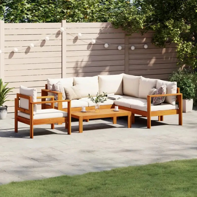 Loungetuinstel van massief acaciahout met wasbare hoes en olieafwerking - Crème / hoek + stoel + 2x Bank + Tafel