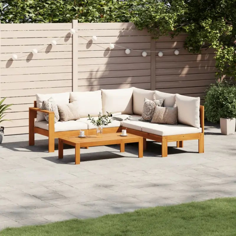 Loungetuinstel van massief acaciahout met wasbare hoes en olieafwerking - Crème / 2x Bank + hoek + Tafel - Tuinsets