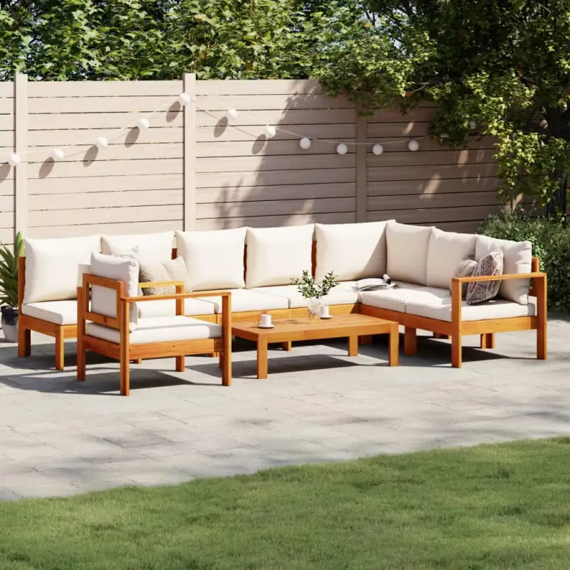 Loungetuinstel van massief acaciahout met wasbare hoes en olieafwerking - Crème / stoel + hoek + 3x Bank + Tafel