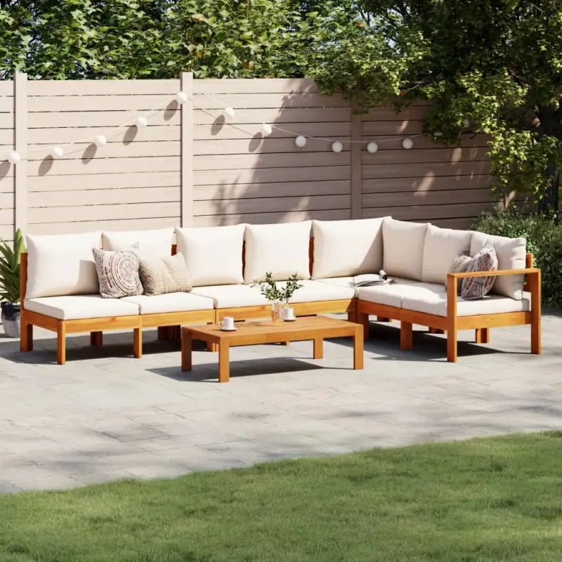Loungetuinstel van massief acaciahout met wasbare hoes en olieafwerking - Crème / 3x Bank + hoek + Tafel - Tuinsets