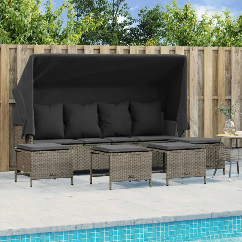 Loungezets in poly rattan met verstelbare posities en gepoedercoat staal - Lichtgrijs / met luifel - Tuinsets