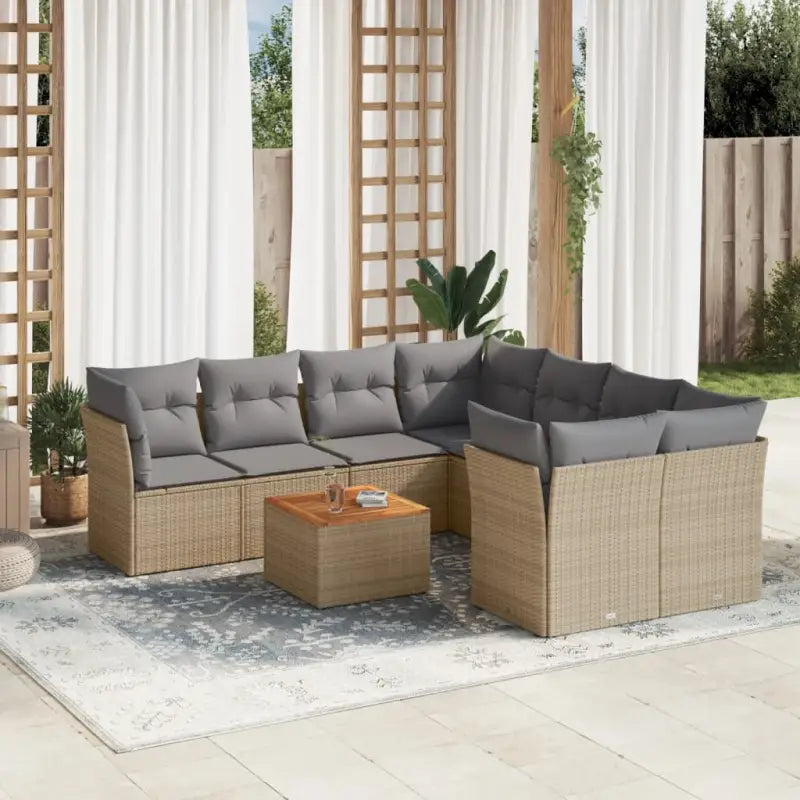 Loungezets met Poly Rattan en Gepoedercoat Staal voor Buitenruimtes - Beige en grijs / 4x hoek + Tafel + 4x midden