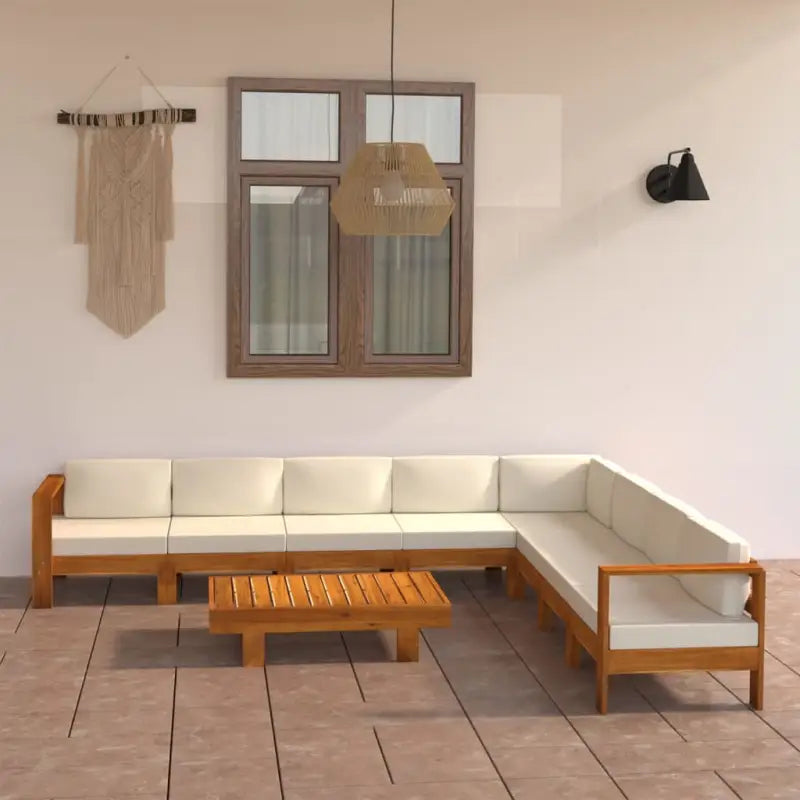Massief acaciahout loungeset met afmetingen middenbank voor tuin en terras - Crème / hoek + 7x midden + Tafel - Tuinsets