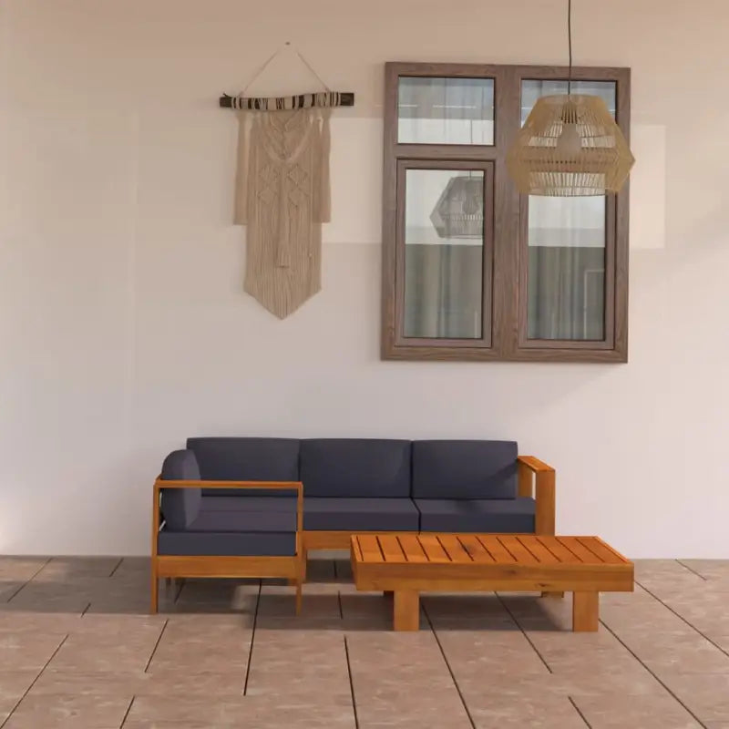 Massief acaciahout loungeset met afmetingen middenbank voor tuin en terras - Donkergrijs / hoek + 3x midden + Tafel