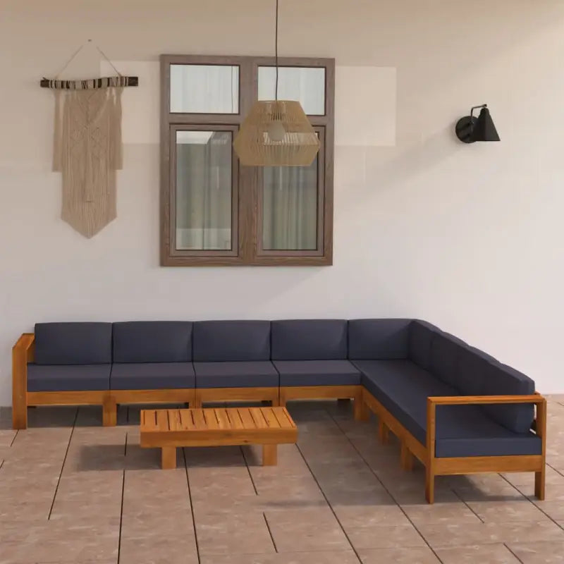 Massief acaciahout loungeset met afmetingen middenbank voor tuin en terras - Donkergrijs / hoek + 7x midden + Tafel